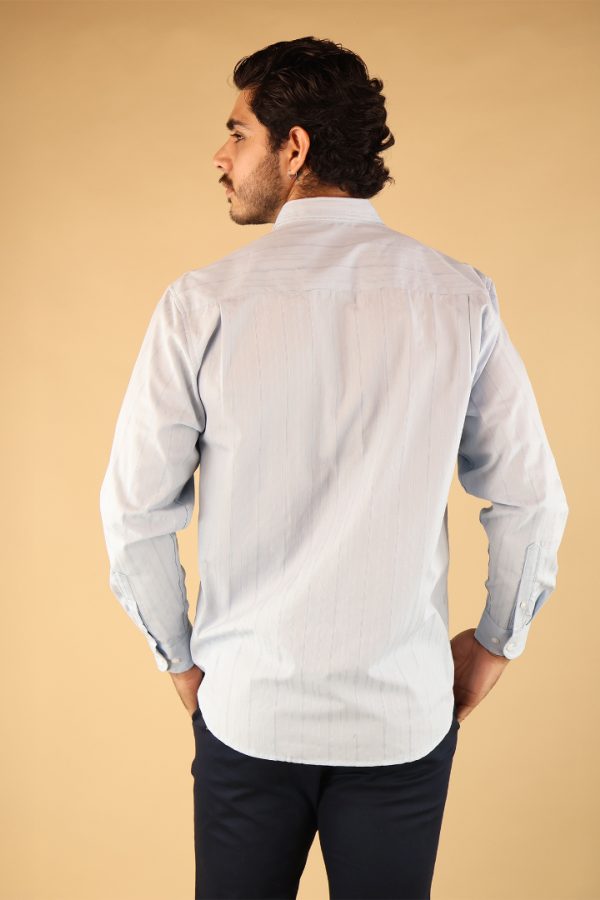 Camisa Manga Corta Azul Cielo Hombre Rayas Texturizada Elegante Fresca